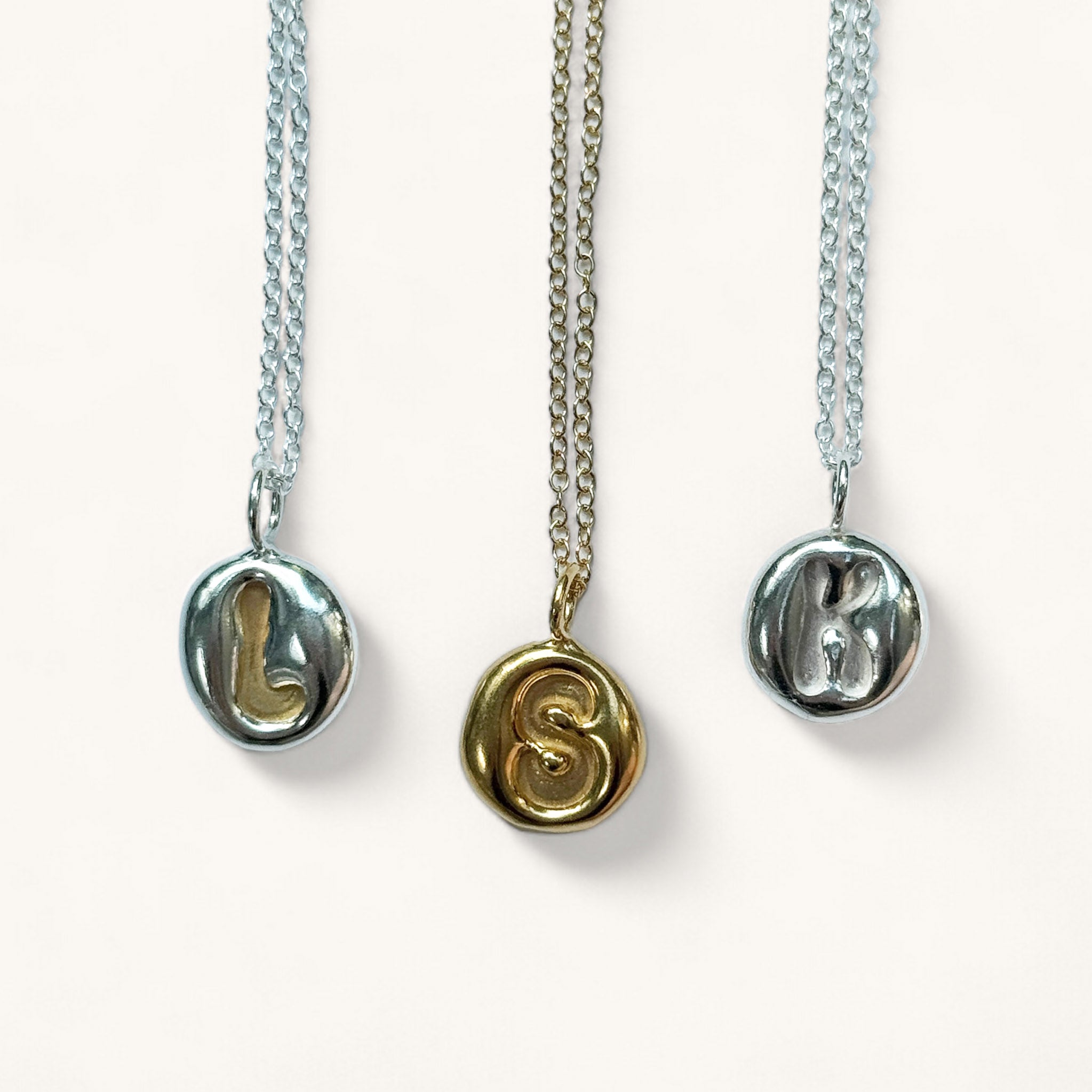 Jennifer Loiselle initial letter silver gold vermeil bubble pendant necklaces 